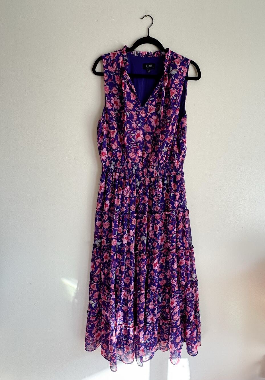 MSK Purple + Pink Floral Print Sleeveless Tiered V Neck Maxi Dress XL Spring